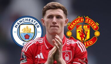 Manchester City badge, Nottingham Forest midfielder Elliot Anderson and cracked Manchester United badge - copyright TEAMtalk