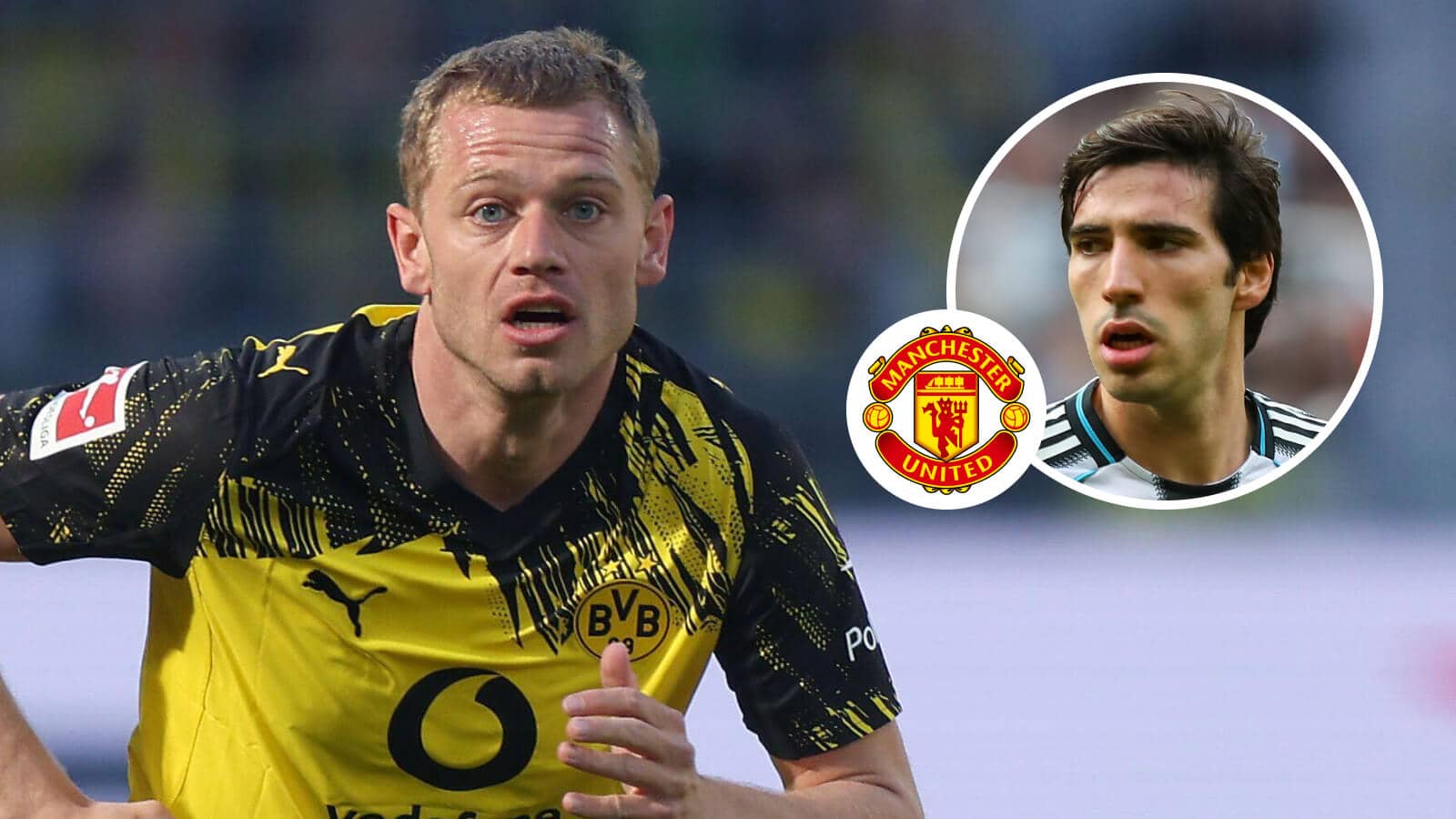 Borussia Dortmund star Julian Ryerson, Manchester United badge and Newcastle United midfielder Sandro Tonali - copyright TEAMtalk