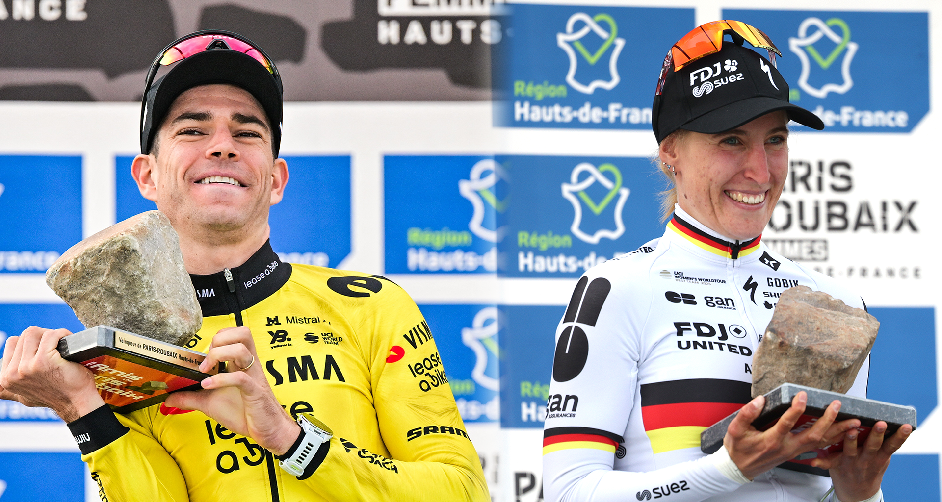 Composite image of Wout van Aert and Franziska Koch, both on the Paris-Roubaix 2026 podium holding cobblestone trophies