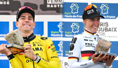 Composite image of Wout van Aert and Franziska Koch, both on the Paris-Roubaix 2026 podium holding cobblestone trophies