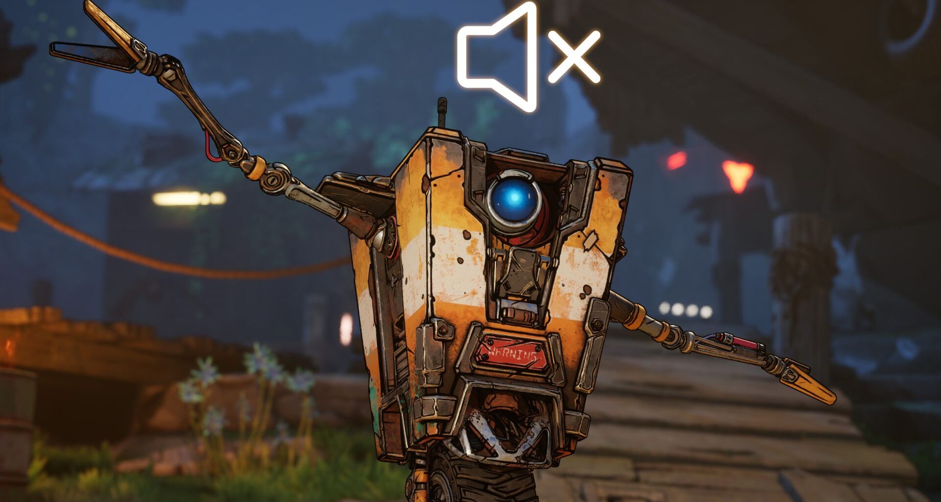 Claptrap in Borderlands 4 with a mute symbol above his head.