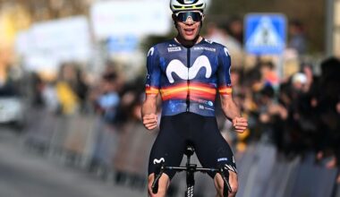 OTURA, SPAIN - FEBRUARY 19: Ivan Romeo of Spain and Team Movistar celebrates at finish line as stage winner during the 72nd Vuelta a Andalucia Ruta Ciclista Del Sol 2026, Stage 2 a 138.6km stage from Torrox to Otura 797m on February 19, 2026 in Otura, Spain. (Photo by Szymon Gruchalski/Getty Images)