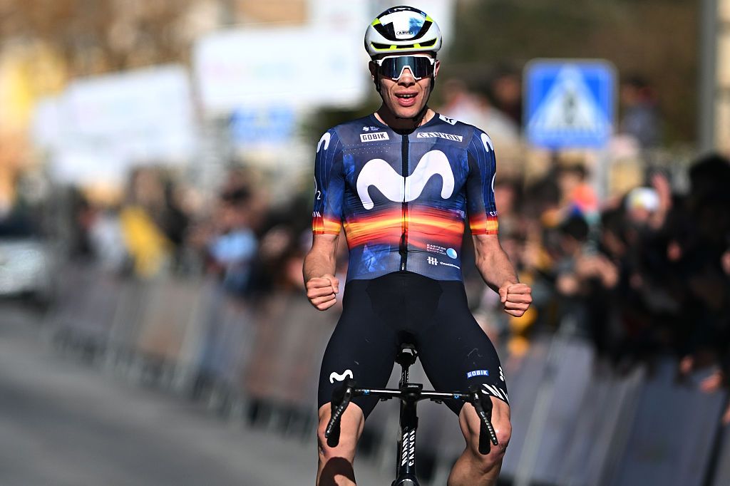 OTURA, SPAIN - FEBRUARY 19: Ivan Romeo of Spain and Team Movistar celebrates at finish line as stage winner during the 72nd Vuelta a Andalucia Ruta Ciclista Del Sol 2026, Stage 2 a 138.6km stage from Torrox to Otura 797m on February 19, 2026 in Otura, Spain. (Photo by Szymon Gruchalski/Getty Images)