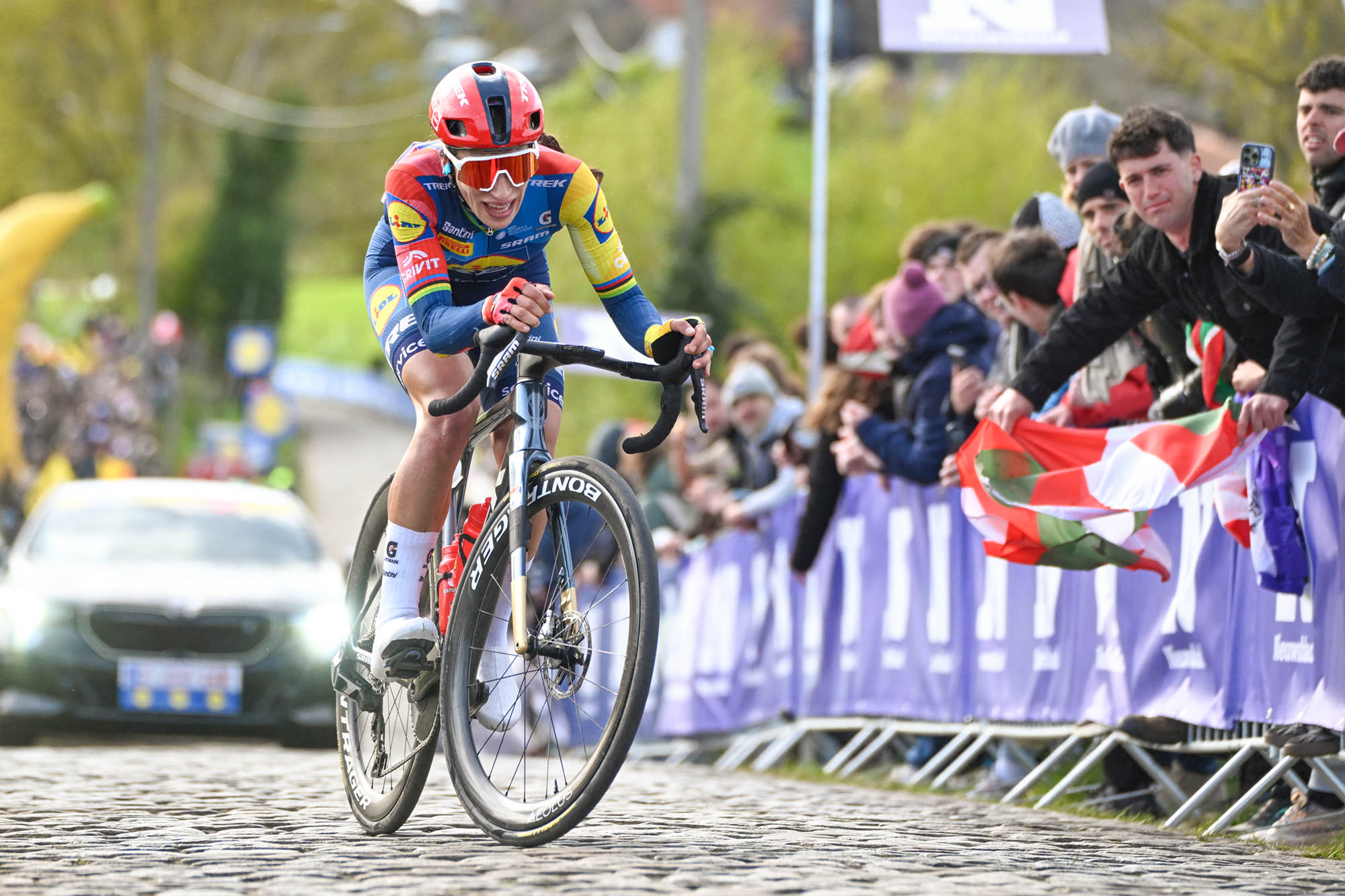 Elisa Balsamo (Lidl-Trek) battles with her bike, the gradients, and the cobbles of the Paterberg at the 2026 Tour of Flanders