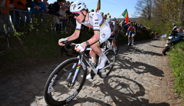 Tadej Pogacar of Slovenia and Team UAE Team Emirates - XRG competes in the chase group competes passing through the Koppenberg cobblestones sector during the 109th Ronde van Vlaanderen - Tour des Flandres 2025 - Men's Elite a 269km one day race from Bruges to Oudenaarde / #UCIWT / on April 06, 2025 in Oudenaarde, Belgium.