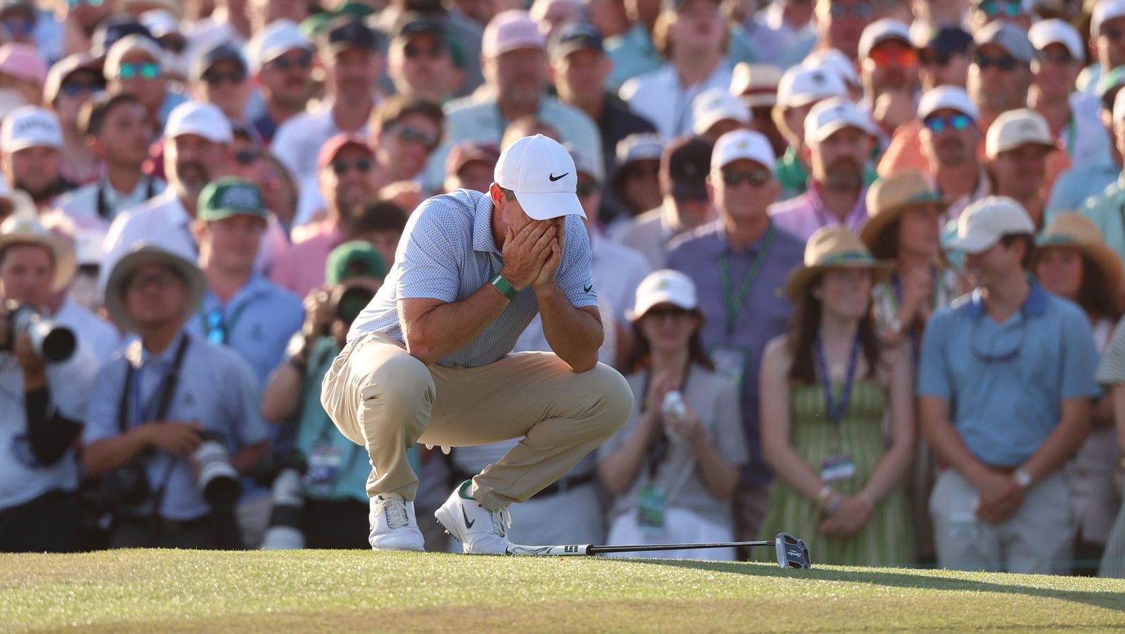 Apr 12, 2026; Augusta, Georgia, USA; Rory McIlroy celebrates after winning the Masters Tournament at Augusta National Golf Club. Mandatory Credit: Bill Streicher-Imagn Images