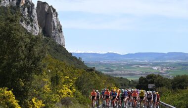 LEKUNBERRI, SPAIN - APRIL 07: A general view of the peloton climbing to the Etxauri (412m) during the 65th Itzulia Basque Country 2026, Stage 2 a 164.1km from Pamplona-Iruna to Lekunberri 757m / #UCIWT / on April 07, 2026 in Lekunberri, Spain. (Photo by Tim de Waele/Getty Images)