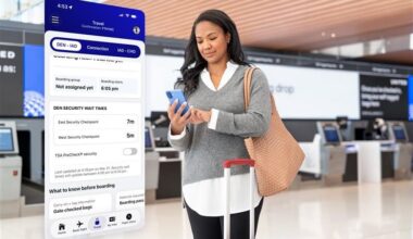 woman checking cell phone in airport lobby