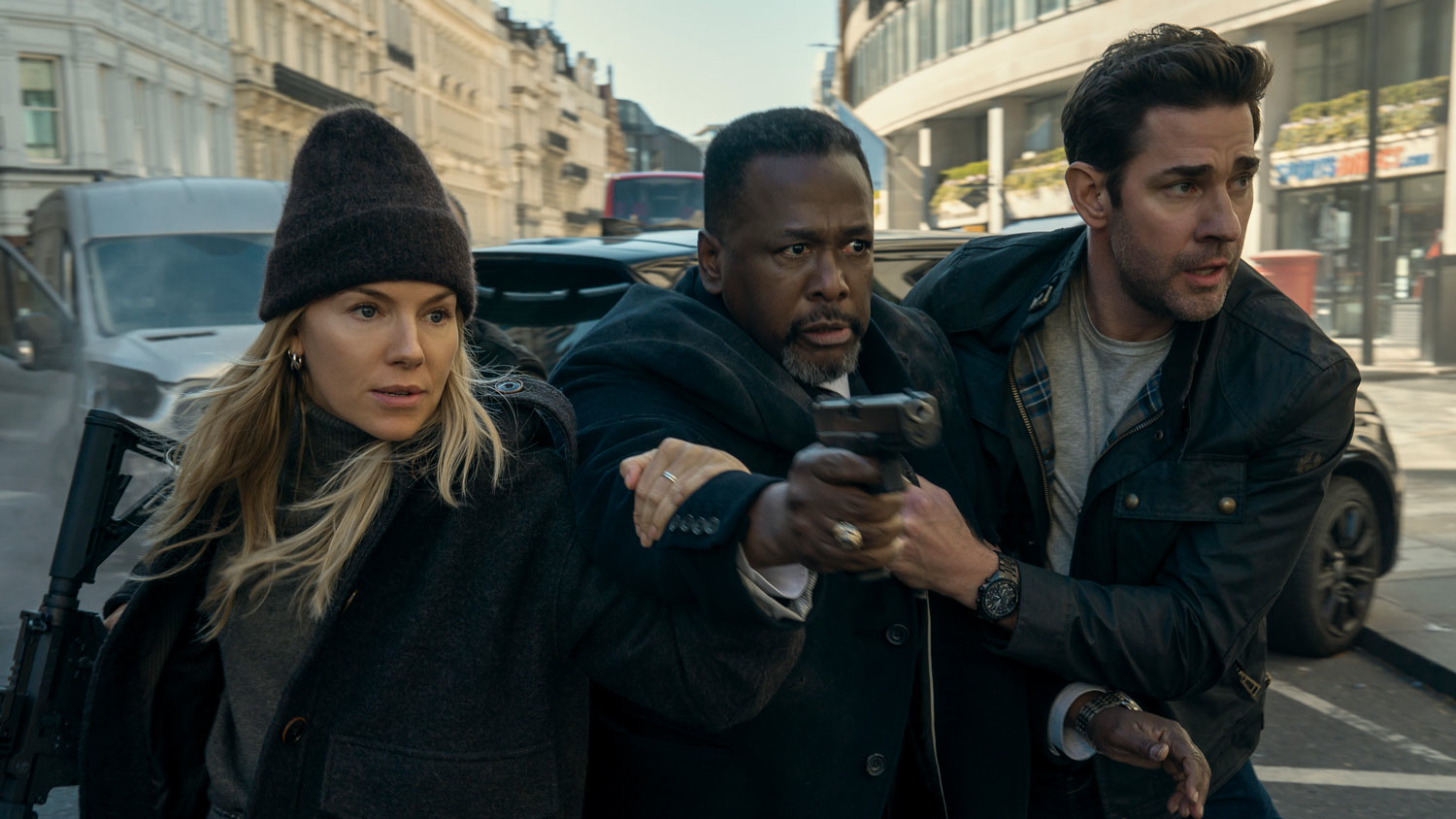 170426 from L to R Sienna Miller, Wendell Pierce and John Krasinski, stars of Tom Clancy's film Jack Ryan Ghost War released on Amazon Prime Video on 20th May 2026 CREDIT Jonny Cournoyer
