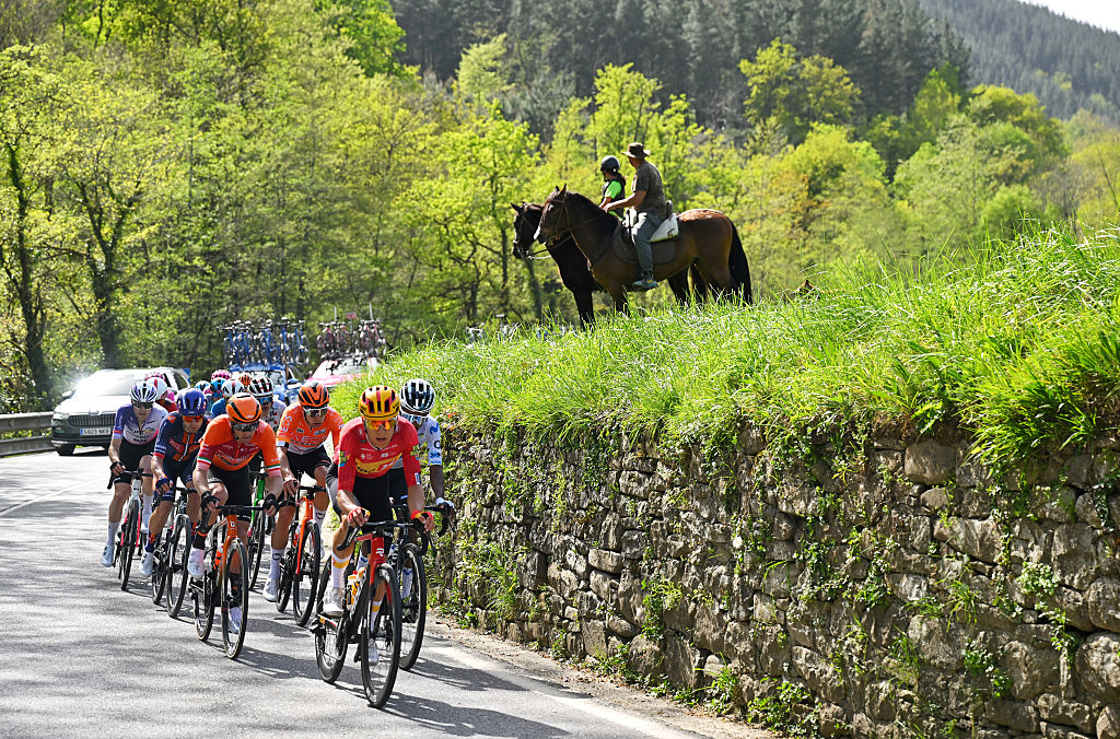 (L-R) Jonathan Lastra of Euskaltel - Euskadi, Axel Laurance of INEOS Grenadiers and Tobias Halland Johannessen of Uno-X Mobility compete in the breakaway during the 65th Itzulia Basque Country 2026, Stage 3 (Photo by Tim de Waele/Getty Images)
