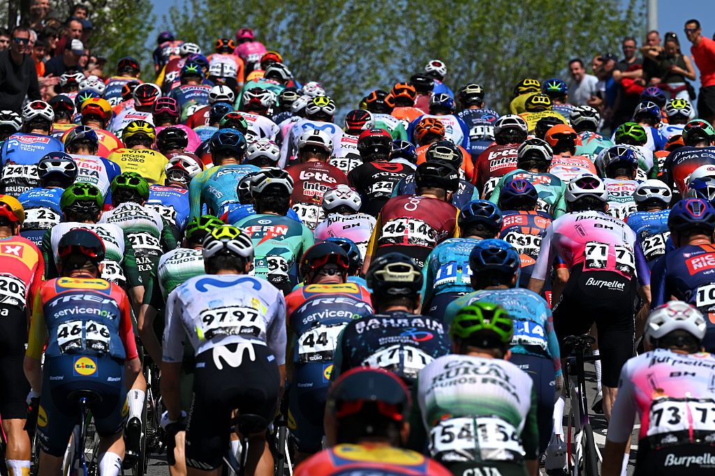 GALDAKAO, SPAIN - APRIL 09: A general view of the peloton competing during the 65th Itzulia Basque Country 2026, Stage 4 a 167.2km stage from Galdakao to Galdakao on / #UCIWT / April 09, 2026 in Galdakao, Spain. (Photo by Tim de Waele/Getty Images)
