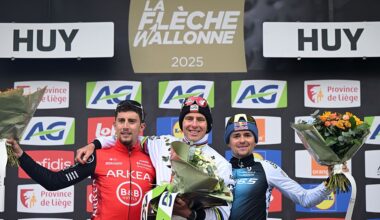 Kevin Vauquelin, Tadej Pogacar and Tom Pidcock on the podium after the 89th La Fleche Wallonne