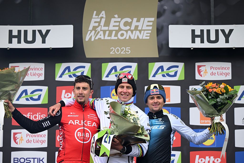 Kevin Vauquelin, Tadej Pogacar and Tom Pidcock on the podium after the 89th La Fleche Wallonne