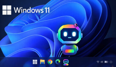 A Windows 11 desktop background featuring a digital assistant icon with a colorful robot face and icons for the Microsoft Store, File Explorer, Google Chrome, Microsoft Edge, and the digital assistant app on the taskbar.