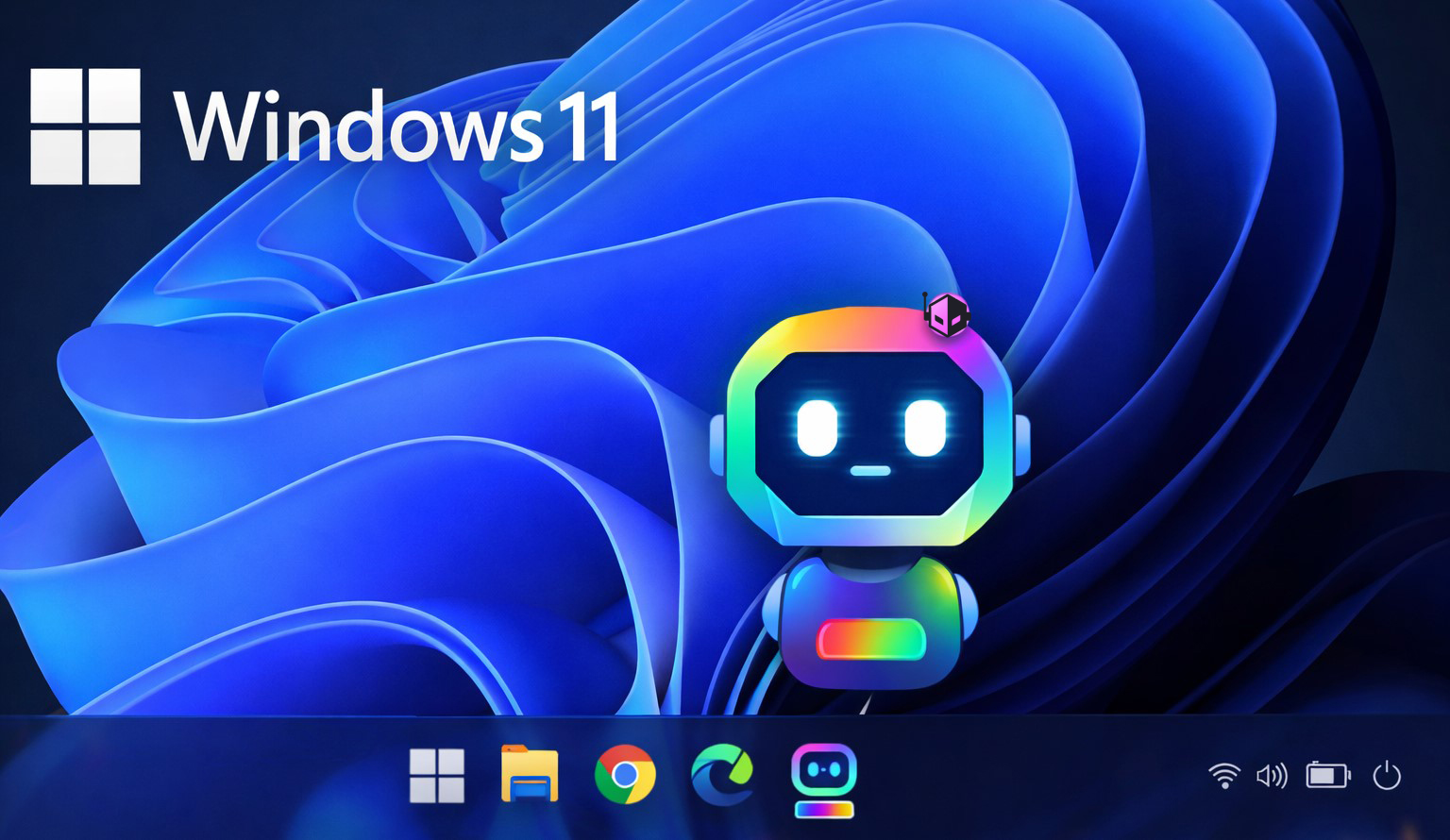 A Windows 11 desktop background featuring a digital assistant icon with a colorful robot face and icons for the Microsoft Store, File Explorer, Google Chrome, Microsoft Edge, and the digital assistant app on the taskbar.
