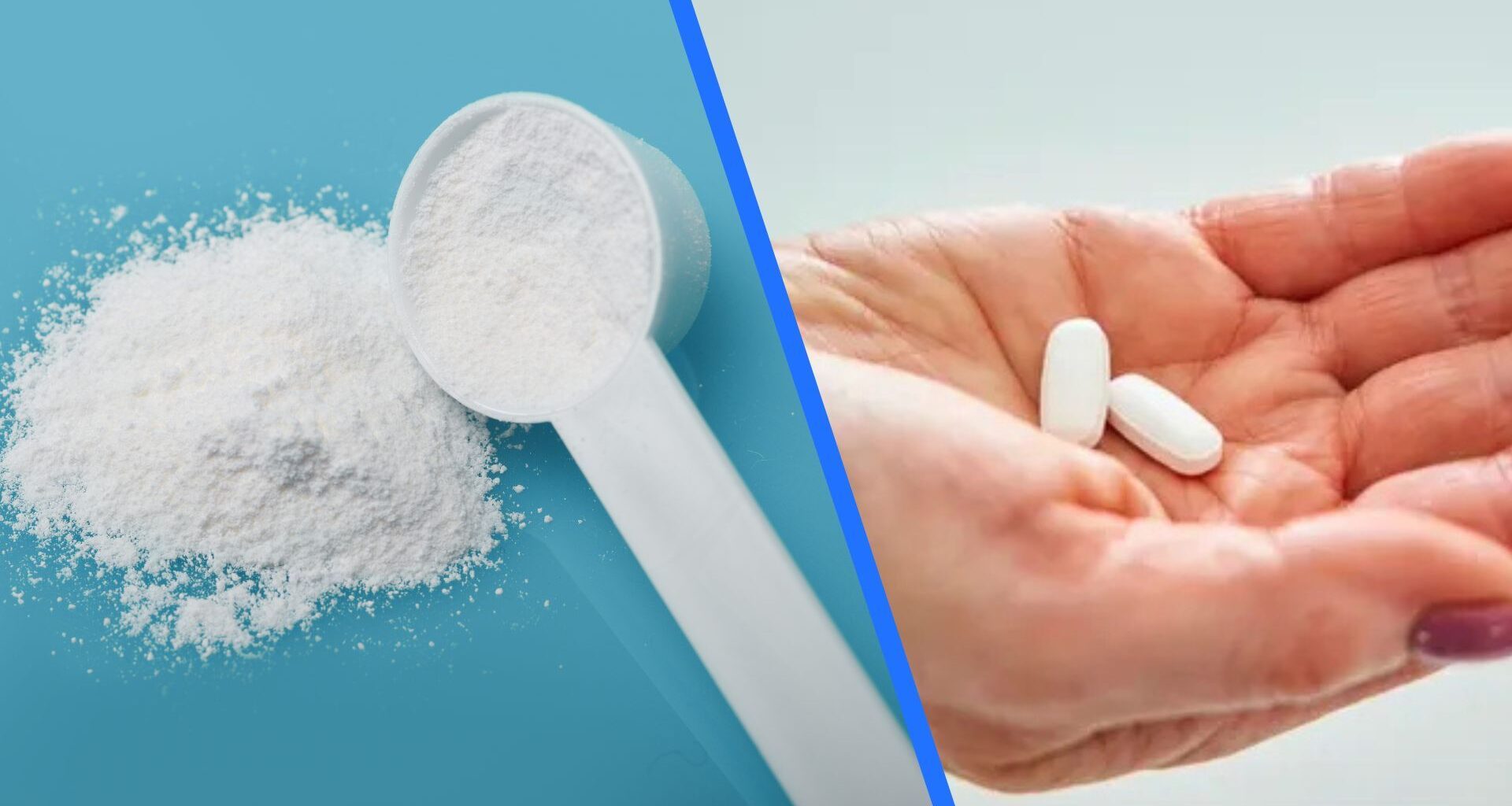 A split screen shows an image of glycine powder and an image of a woman's hand holding magnesium tablets.