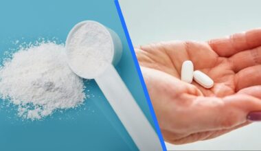 A split screen shows an image of glycine powder and an image of a woman's hand holding magnesium tablets.