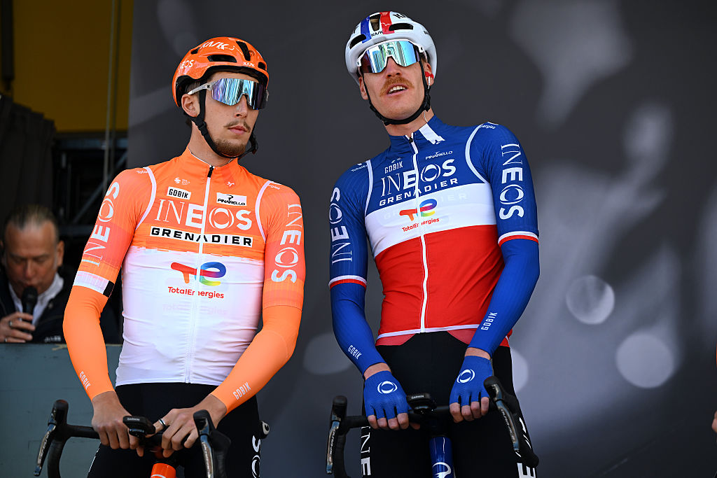 Kevin Vauquelin of France and Dorian Godon of France and Team INEOS Grenadiers prior to the 90th La Fleche Wallonne 2026