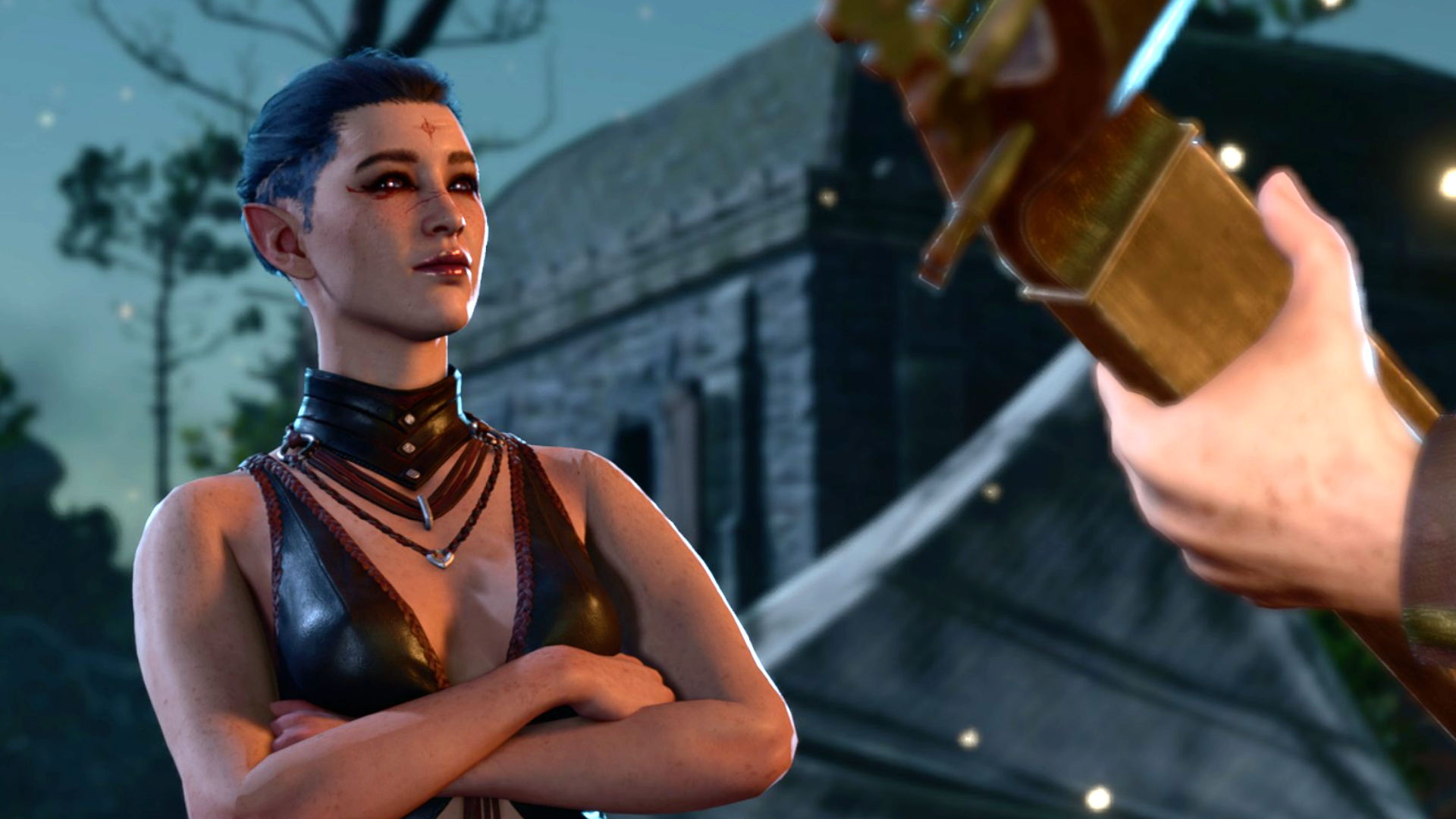 An image of a bard in baldur's gate 3 regarding a fellow musician with pride.