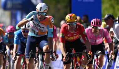 VERTOU, FRANCE - APRIL 07: A general view of Ethan Vernon of Great Britain and Team NSN Cycling celebrates at finish line as stage winner ahead of Erlend Blikra of Norway and Team Uno-X Mobility and Noah Hobbs of Great Britain and Team EF Education - EasyPost during the 72nd Region Pays De La Loire Tour 2026, Stage 1 a 187.5km from Fontevraud-l&amp;apos;Abbaye to Vertou on April 07, 2026 in Vertou, France. (Photo by Dario Belingheri/Getty Images)