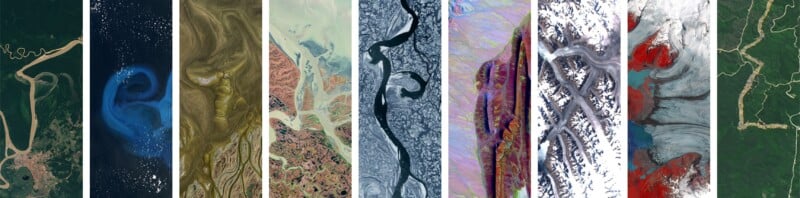 A collage of vertical satellite images shows winding rivers and waterways in diverse landscapes, including lush green forests, blue and brown deltas, icy channels, and regions with red, white, and multicolored patterns.