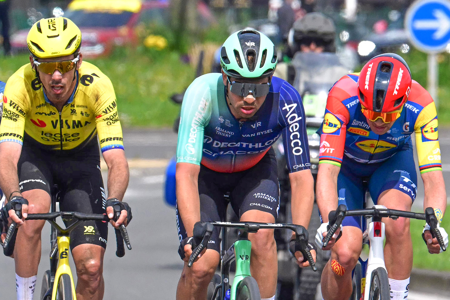 Christtophe Laporte (Visma-Lease a Bike), Stefan Bissegger (Decathlon CMA-CGM), and Mads Pedersen (Lidl-Trek) in action at Paris-Roubaix 2026