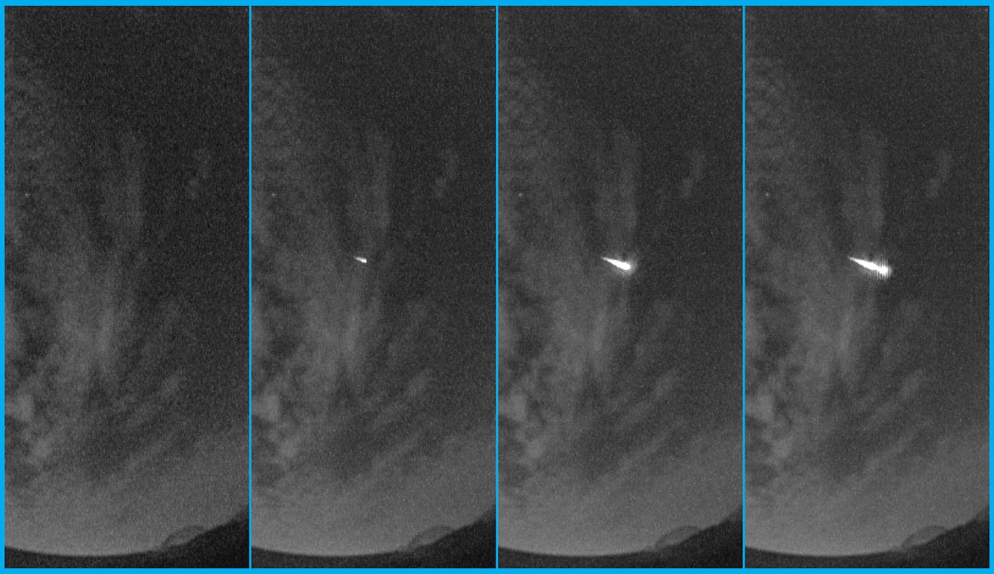 A meteor streaks through the sky during the Lyrid meteor shower.