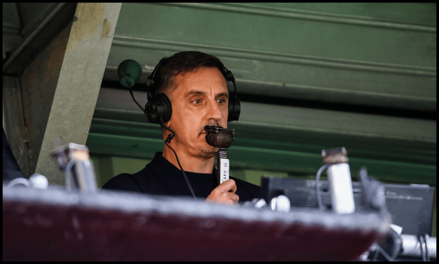 SALFORD, ENGLAND - AUGUST 29: Gary Neville, former English footballer, television pundit and co-owner of Salford City during the Carabao Cup Second Round match between Salford City and Leeds United at Peninsula Stadium on August 29, 2023 in Salford, England.