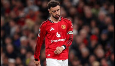 MANCHESTER, ENGLAND - APRIL 13: Bruno Fernandes of Manchester United looks dejected during the Premier League match between Manchester United and Leeds United at Old Trafford on April 13, 2026 in Manchester, England.