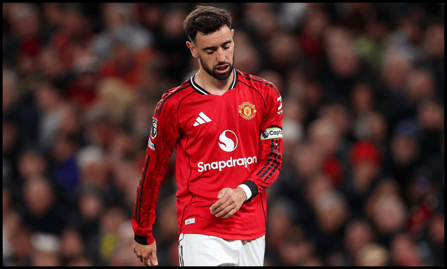 MANCHESTER, ENGLAND - APRIL 13: Bruno Fernandes of Manchester United looks dejected during the Premier League match between Manchester United and Leeds United at Old Trafford on April 13, 2026 in Manchester, England.