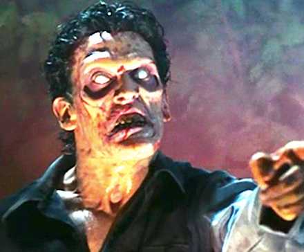 A Deadite Ash points his finger in Evil Dead II
