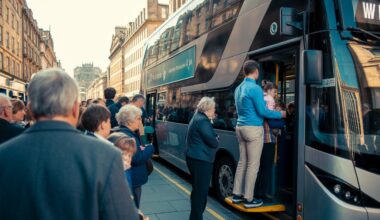 Public waiting to board a double-decker bus in scotland amid new free bus plan.