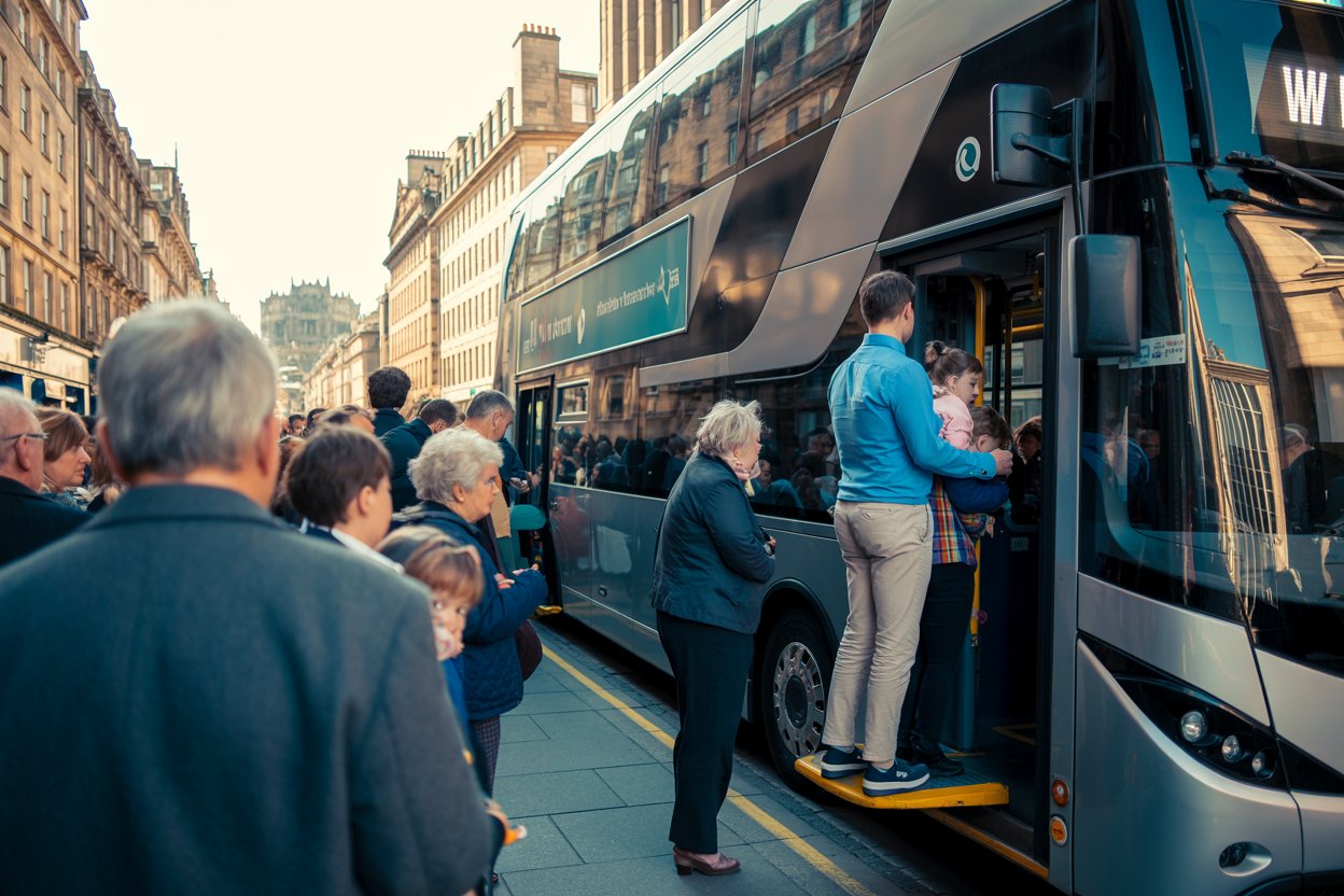Public waiting to board a double-decker bus in scotland amid new free bus plan.