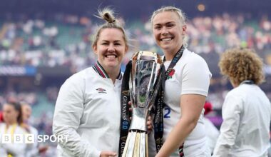 Marlie Packer and Rosie Galligan pose for a photograph holding the RWC trophy