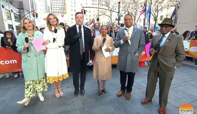 Jenna Bush Hager, Savannah Guthrie, Carson Daly, Sheinelle Jones, Craig Melvin and Al Roker on the 'Today' Show Plaza on Monday, April 6.Credit: NBC