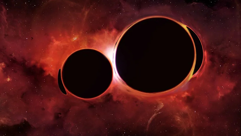  Two large dark holes are seen close together against a red glowing cosmic background. 