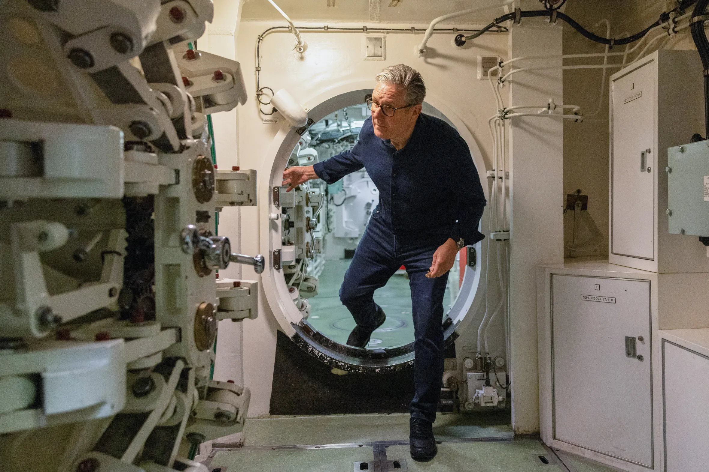 Prime Minister Keir Starmer entering a Vanguard class submarine.