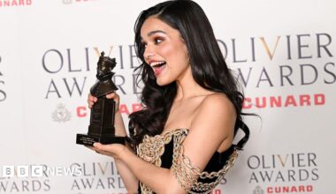 Picture of Rachel Zegler holding her Olivier award