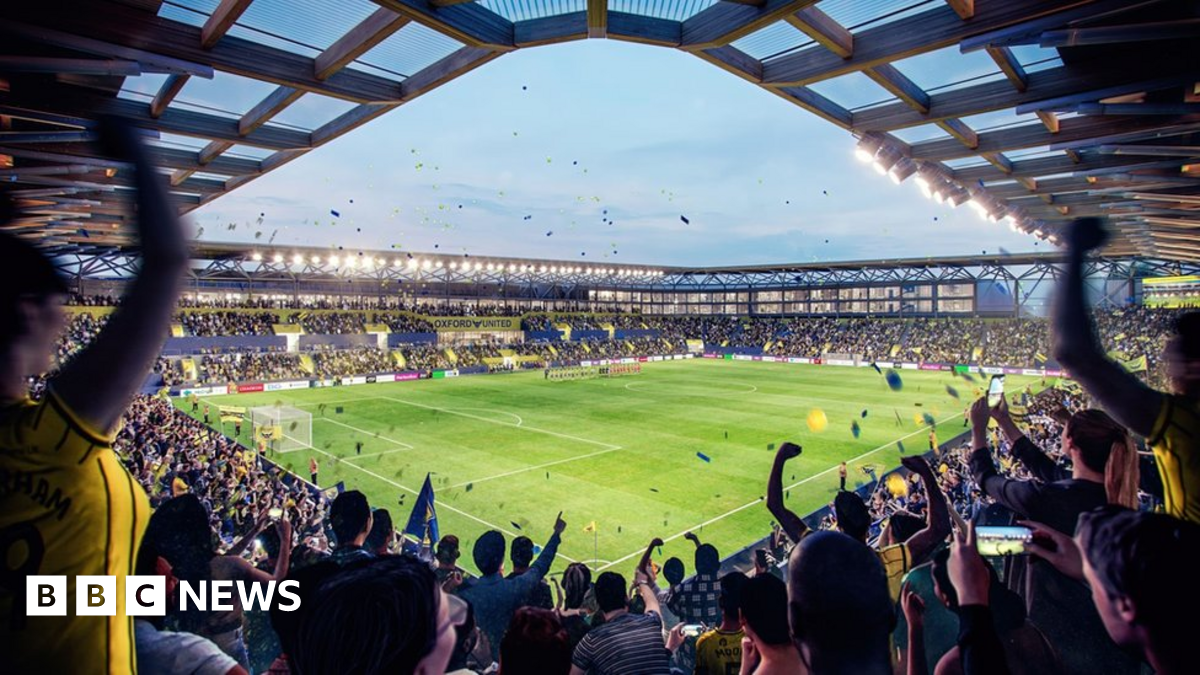 A CGI image of fans in the ground at the Triangle celebrating with many fans cheering and blue and yellow tape flying around in the air.
