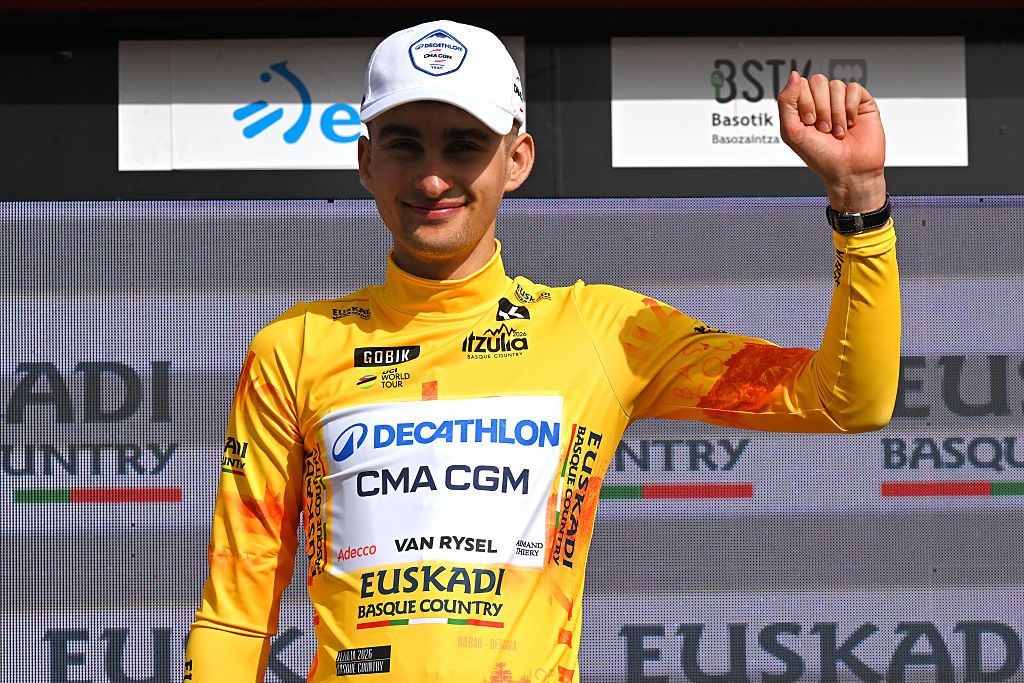 BASAURI, SPAIN - APRIL 08: Paul Seixas of France and Team Decathlon CMA CGM celebrates at podium as Yellow Leader Jersey winner during the 65th Itzulia Basque Country 2026, Stage 3 a 152.8km stage from Basauri to Basauri / #UCIWT / on April 08, 2026 in Basauri, Spain. (Photo by Tim de Waele/Getty Images)