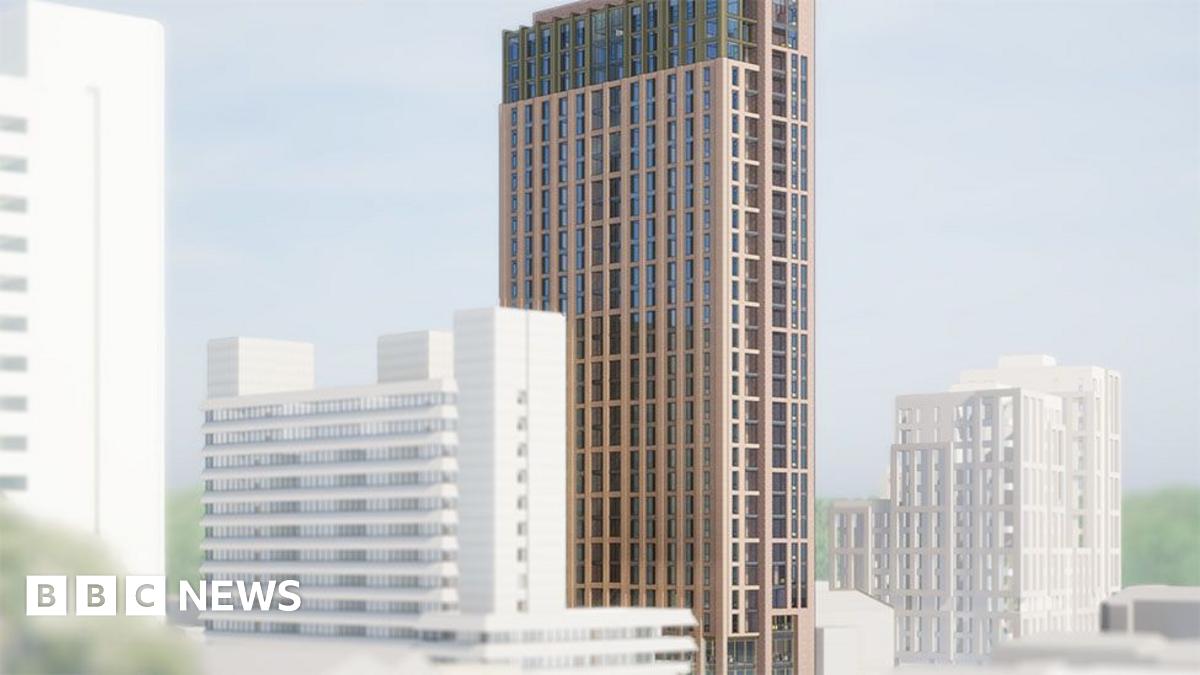 Artist's impression of the proposed building. A tall, slim brown building with many glass windows. The top three floors are slightly smaller with green framed windows. Existing buildings round the site are white so the new tower stands out in its surroundings