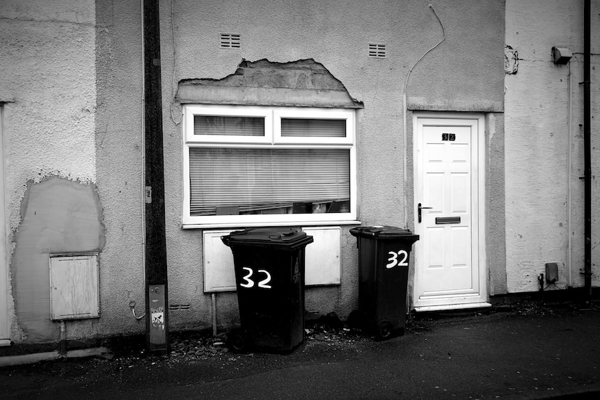 Two bins outside a home. There are cracks on the rendered wall above the window.