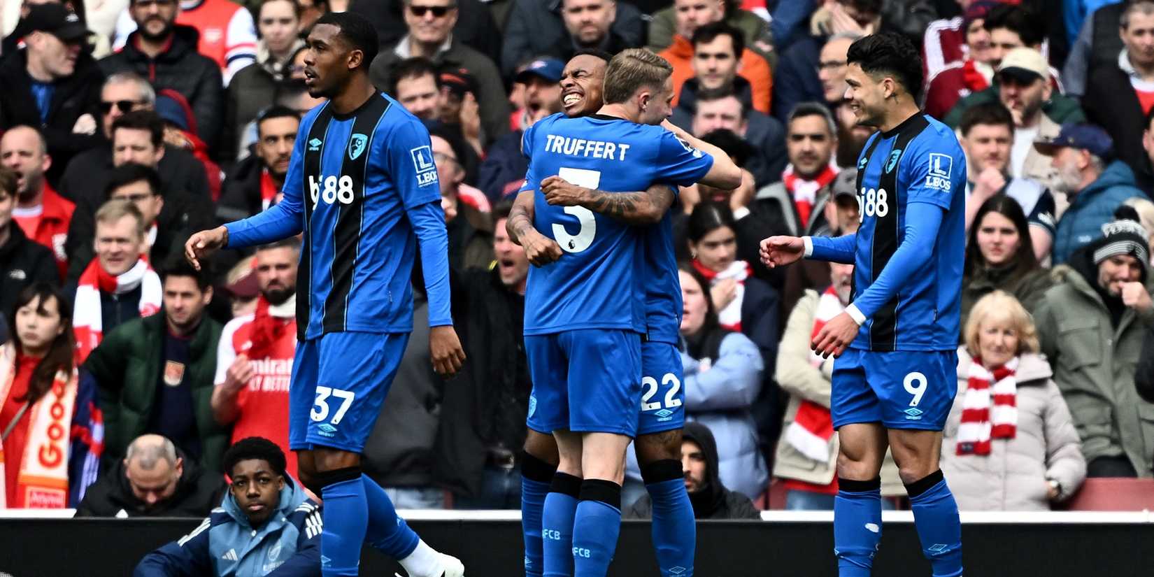 AFC Bournemouth's Junior Kroupi celebrates scoring their first goal with Adrien Truffert, Evanilson and Rayan