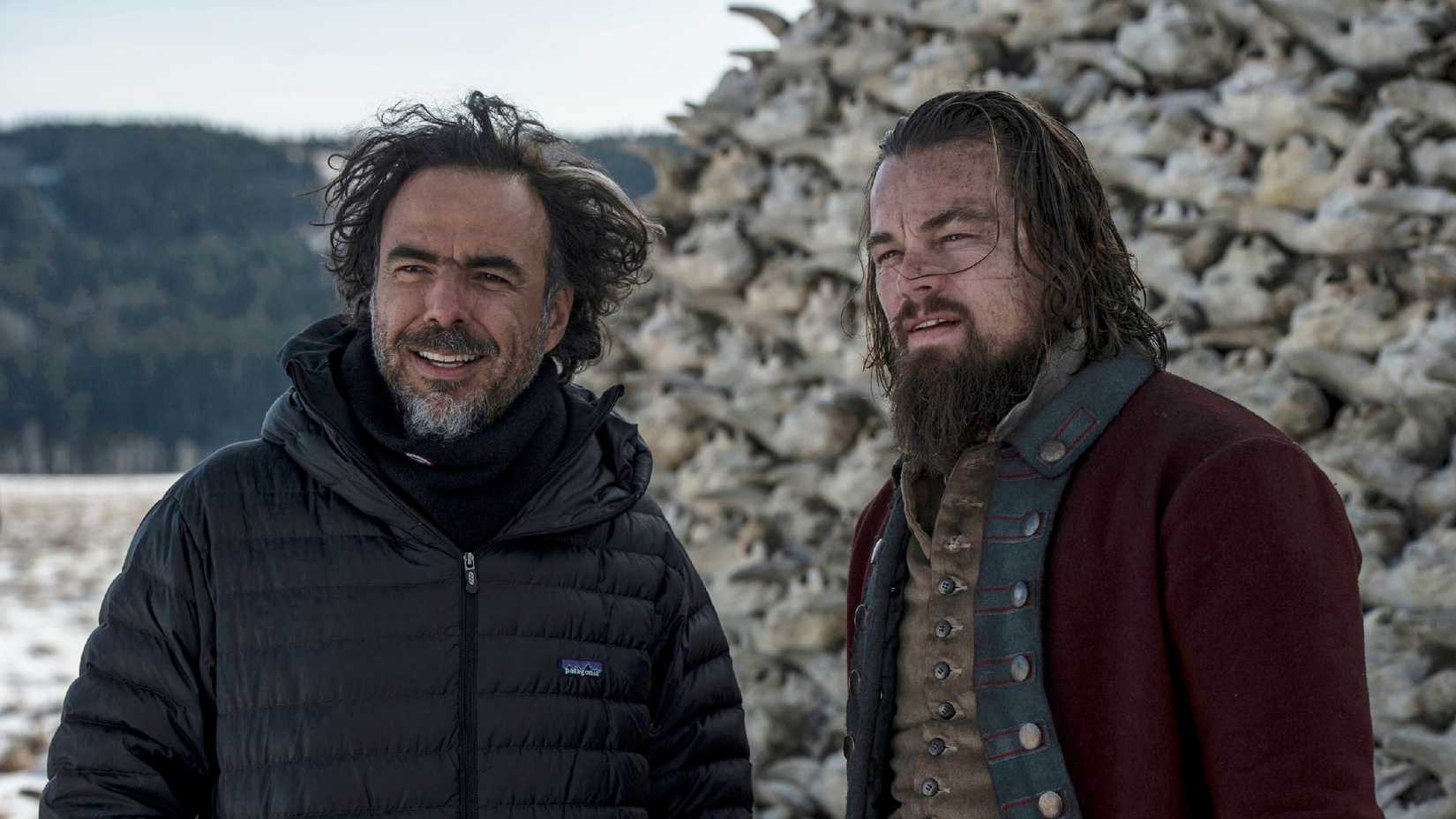 Alejandro G Iñárritu and Leonardo DiCaprio on the set of The Revenant