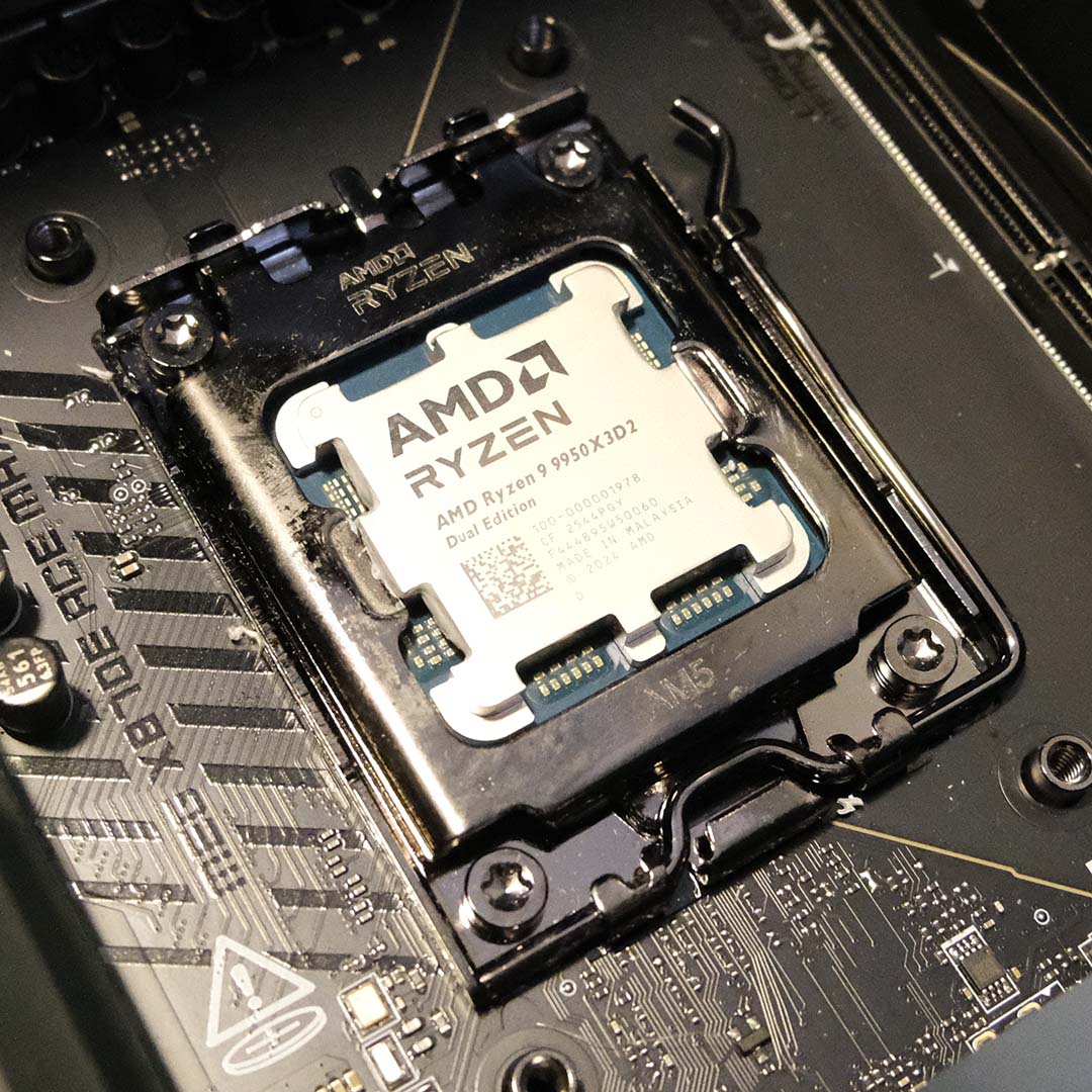 AMD Ryzen 9 9950X3D2 inside an AM5 CPU socket.