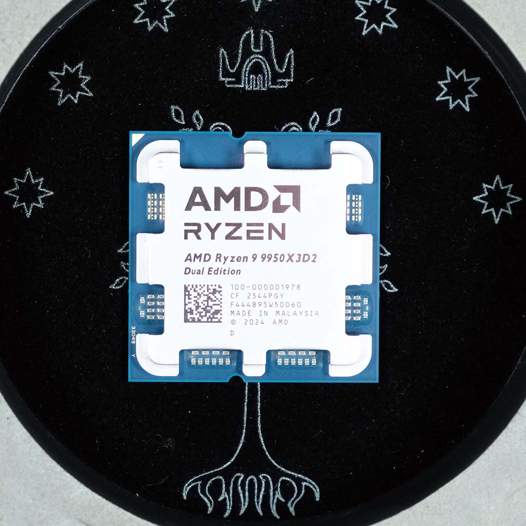 The AMD Ryzen 9 9950X3D2 inside atop a felt circle, with a Gondor motif.