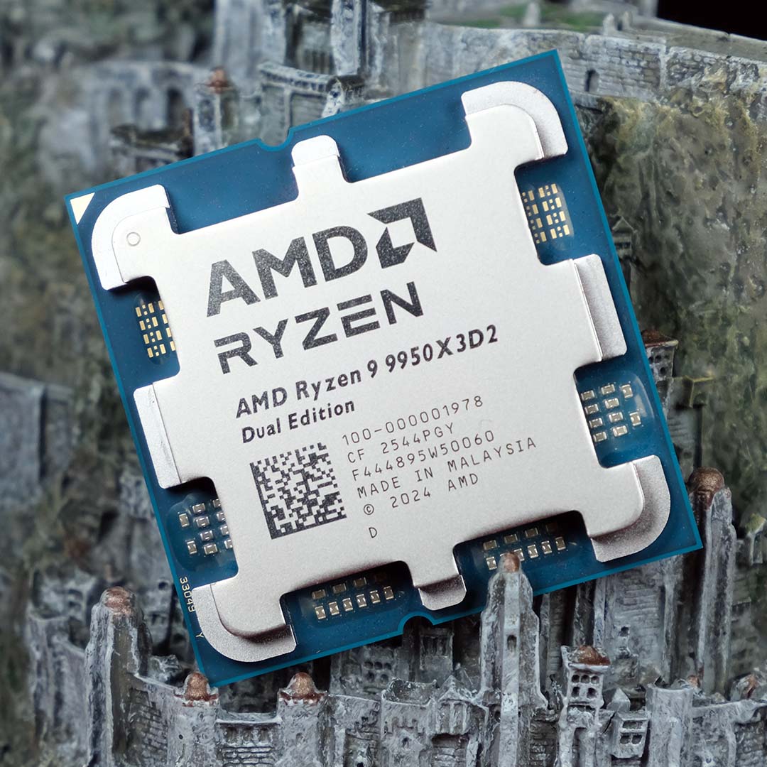 The AMD Ryzen 9 9950X3D2 resting against a model of Minas Tirith.