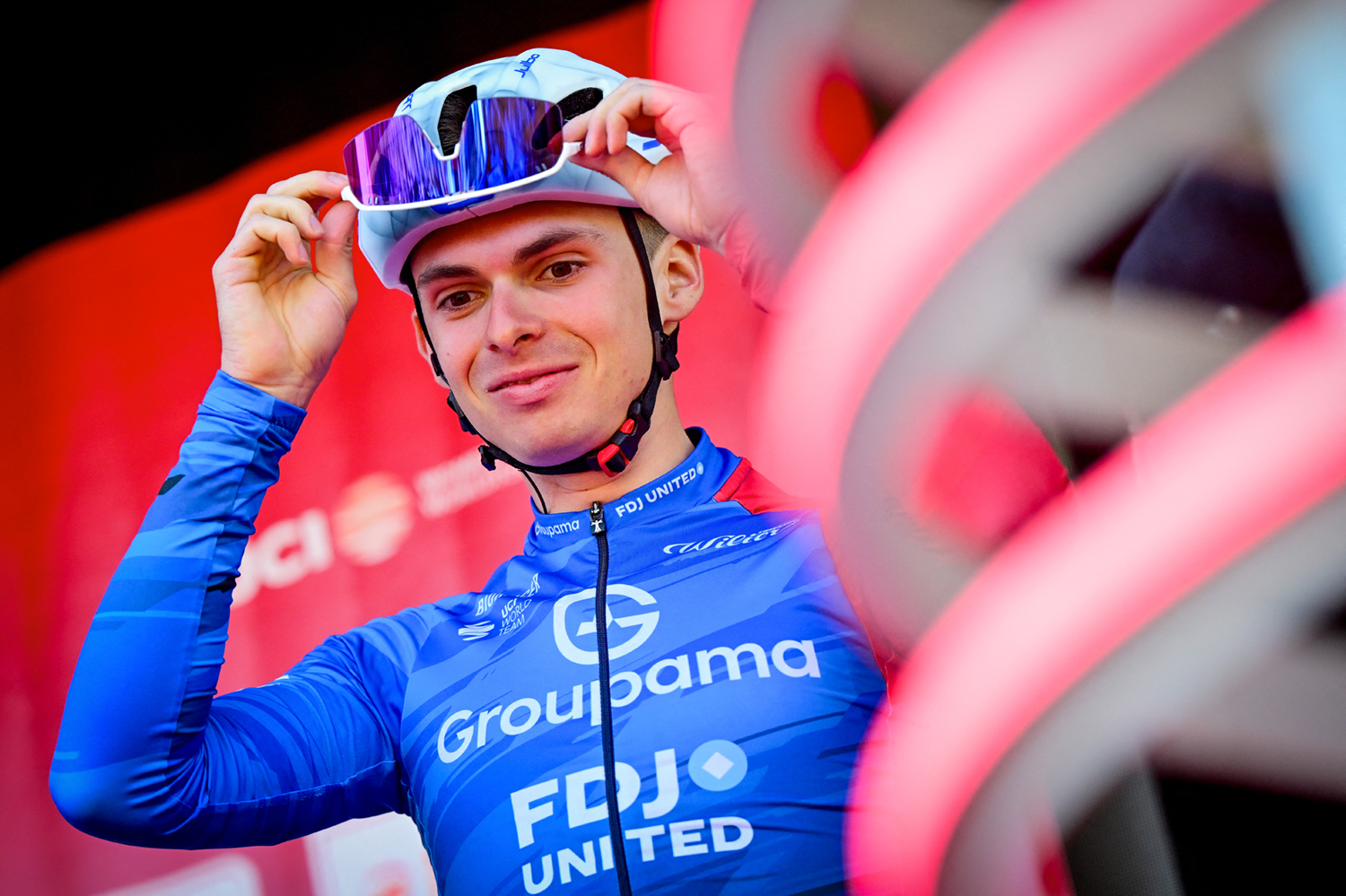 Romain Gr&eacute;goire at the pre-race team presentation of the 2026 Amstel Gold Race
