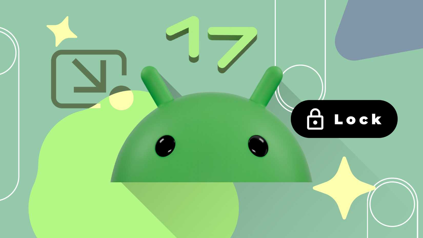 Android mascot with number 17, app lock, and app bubble icons on a green background