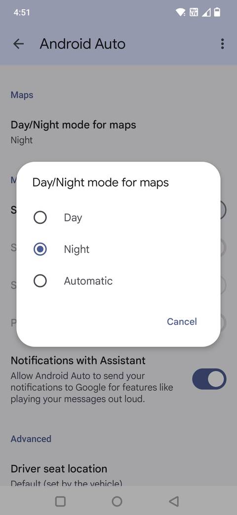 Screenshot showing the Day/night mode for Maps option